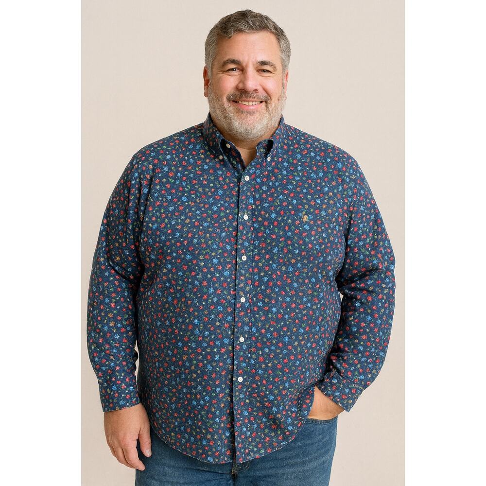 Ralph Lauren Classic Fit Blue Label Floral Shirt Navy 100% Cotton XL TG